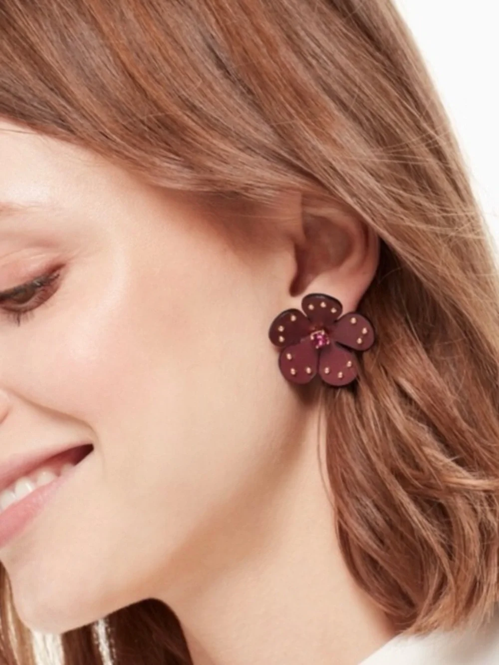 Kate Spade Brown Leather Flower Hair Clips with Pink Gem Centers